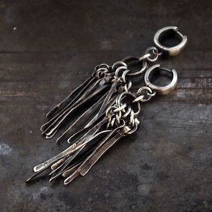 Long Hammered Fringe Earrings Handmade with Oxidized Sterling Silver • Unique Bohemian Earrings