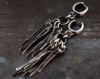 Long Hammered Fringe Earrings Handmade with Oxidized Sterling Silver • Unique Bohemian Earrings