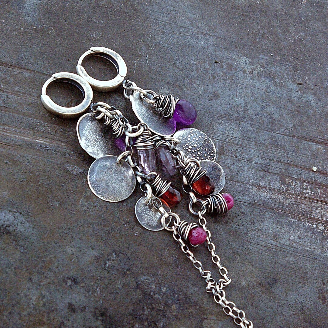 Orecchini Lunghi In Argento 925 Con Pietre Colorate – Peridoto, Granato, Iolite, Citrino E Quarzo Rosa – Delicati Pendenti A Foglia – Lunghi 9 Cm - 4
