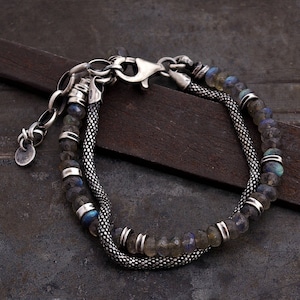 Oxidized Sterling Silver Labradorite Bracelet Handmade Gemstone Jewelry