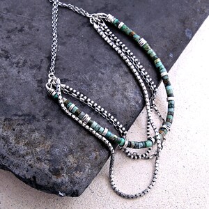 Close-up of African turquoise layered necklace featuring smooth 4 mm heishi beads and oxidized sterling silver. Designed with multiple strands for a rich, textured look, this artisan necklace blends earthy natural tones with a modern boho aesthetic. Each stone is unique, adding symbolic meaning of transformation and balance, making it a thoughtful gift or daily accessory.