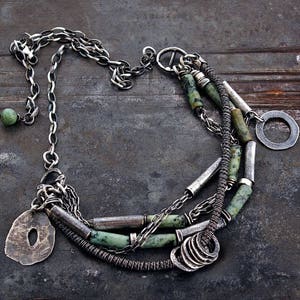 Layered African turquoise necklace in oxidized silver boho handmade jewelry