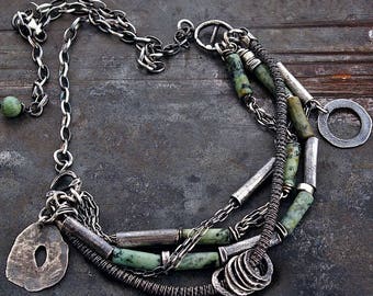 Afrikaanse Turkoois ketting handgemaakt van geoxideerd sterling zilver • gelaagde ketting • meerstrengs ketting • Verjaardagscadeau voor haar