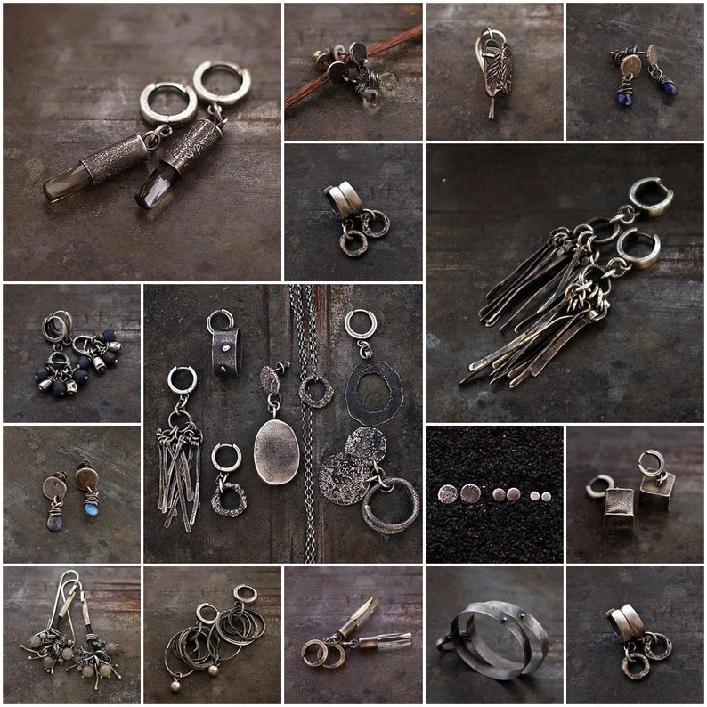 May include: A selection of handcrafted silver earrings in diverse styles. The earrings include hoops, dangles, studs, and chandelier designs. Some feature textured metal, gemstones, and unique shapes. The jewellery is displayed on a dark, textured surface.