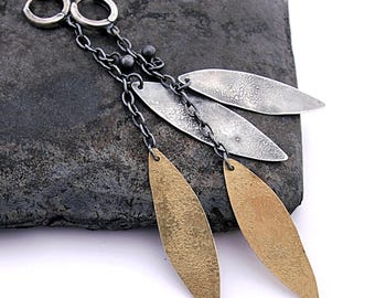 Mixed metal leaf dangle earrings – oxidized sterling silver and brass