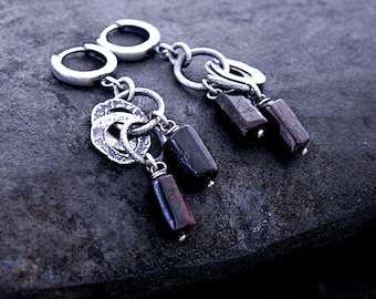 Burgundy garnet dangle circle earrings in oxidized sterling silver