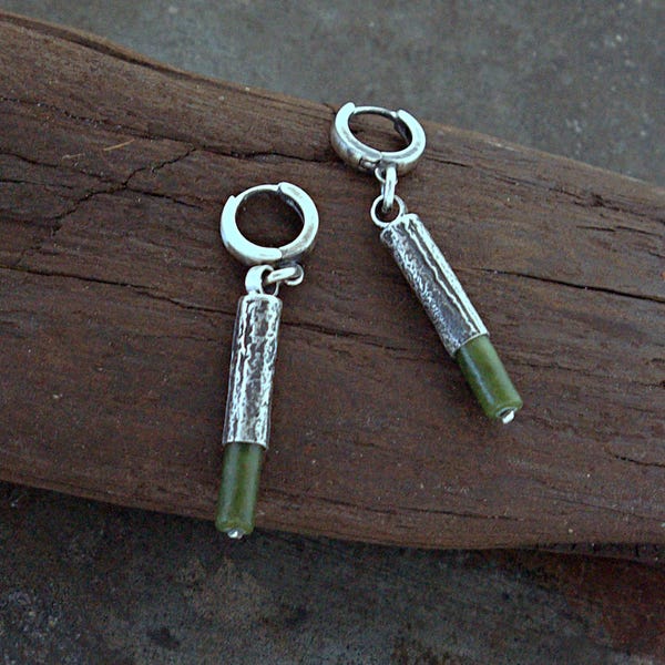 Green jade sterling silver bar earrings – oxidized or matte finish