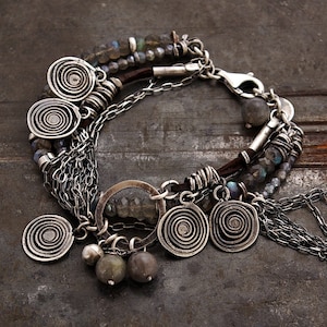 Boho Labradorite Multi Strand Bracelet handmade in Oxidized Sterling Silver