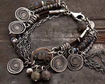 unique labradorite bracelet handmade of oxidized sterling silver • multi strand beaded bracelet • ethnic charms braceler