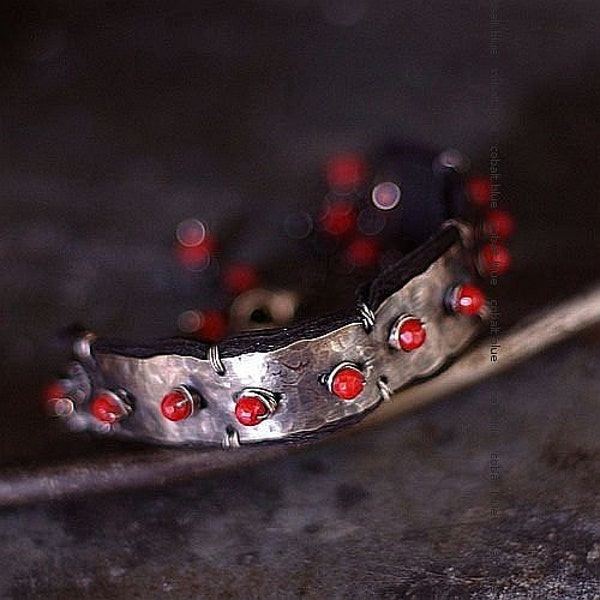 red coral bracelet with sterling silver • black leather bracelet • gift for her • cuff bracelets • oxidized silver