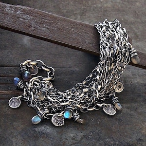 Labradorite drop oxidized silver multi-chain bracelet – raw silver charms