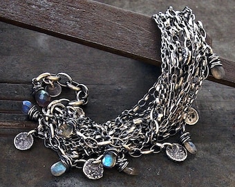 Labradorite drop oxidized silver multi-chain bracelet – raw silver charms