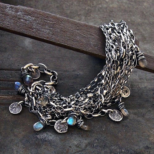 Labradorite drop oxidized silver multi-chain bracelet – raw silver charms