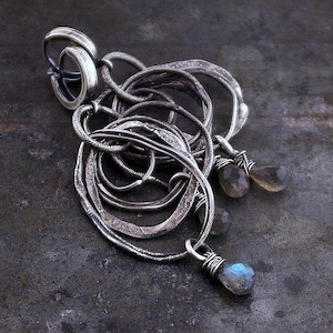 Blue labradorite oxidized sterling silver earrings – long dangle circles