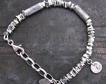 Oxidized sterling silver heishi bracelet – 6 mm raw silver beads