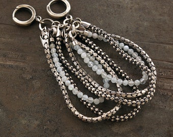 sterling silver aquamarine earrings • long chain earrings •  oxidized silver • gift for women