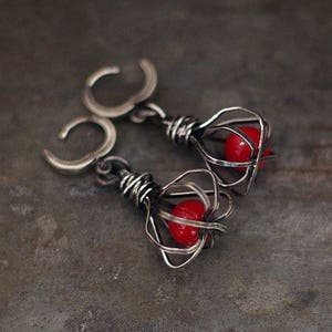 Cage earrings with Red Coral handmade of oxidized sterling silver unique gift for her