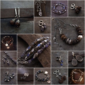 May include: A selection of handcrafted jewellery items, including necklaces, earrings, and bracelets. The jewellery features silver, beads, and stones. The colour palette includes silver, brown, and blue tones, with a rustic and artistic aesthetic.