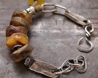 Baltic amber oxidized sterling silver bracelet with linen
