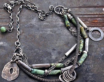 African turquoise multi-strand necklace – oxidized sterling silver