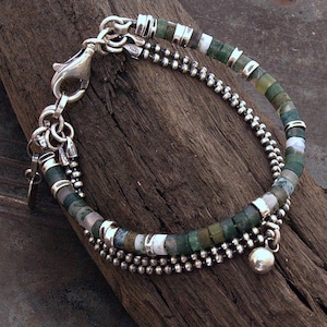 Natural Moss Agate bracelet handmade with oxidized sterling silver • Dark green tone bracelet and double ball chain