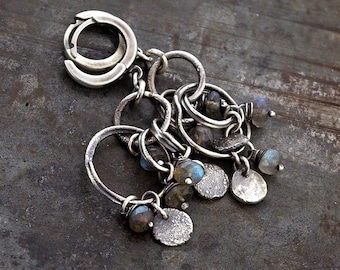 Blue-flash labradorite oxidized 925 silver earrings 2 1/8 in – circle cluster