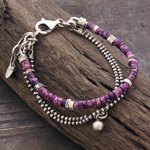 Purple Jasper Heishi Bracelet – Oxidized Sterling Silver Boho Layered Jewelry