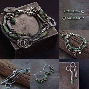 May include: A collection of jewelry featuring silver chains, textured metal rings, and green stone beads. The set includes multi-strand bracelets with cylindrical accents, hoop earrings adorned with small green beads, and drop earrings with silver tubes.