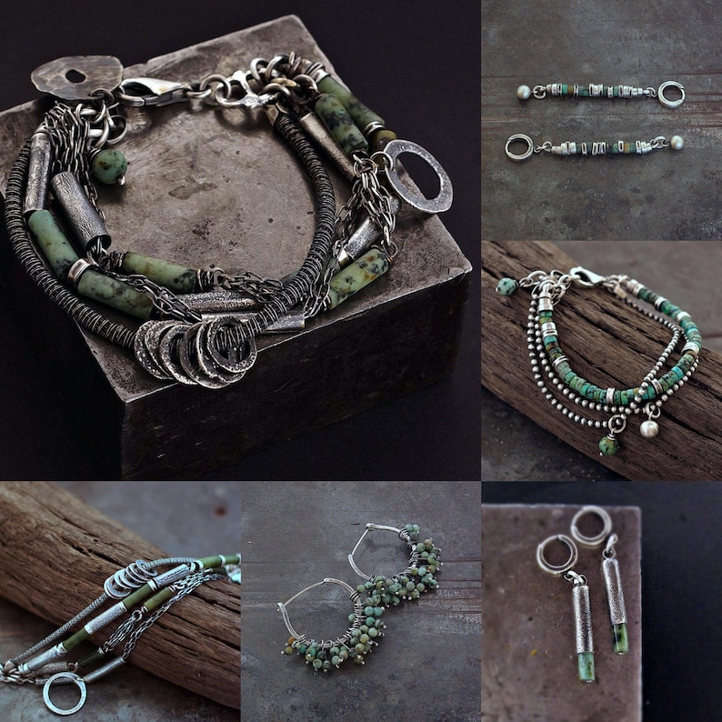 May include: A collection of jewelry featuring silver chains, textured metal rings, and green stone beads. The set includes multi-strand bracelets with cylindrical accents, hoop earrings adorned with small green beads, and drop earrings with silver tubes.