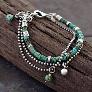 4 mm African turquoise heishi bracelet in oxidized sterling silver – double ball chain