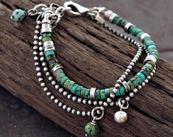 4 mm African turquoise heishi bracelet in oxidized silver – double ball chain