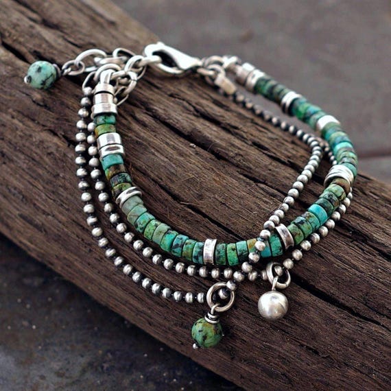 4 mm African turquoise heishi bracelet in oxidized silver – double ball chain