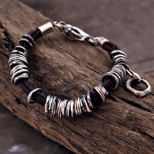 leather bracelet handmade with oxidized sterling silver • 925 silver bracelet • unique gift for him