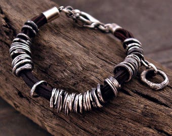 leather bracelet handmade with oxidized sterling silver • 925 silver bracelet • unique gift for him