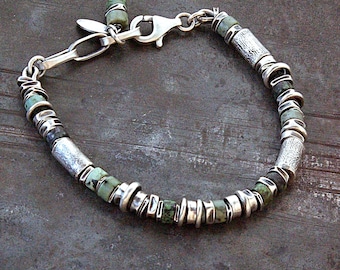 Green African turquoise men’s oxidized silver bracelet – 6 mm heishi bead
