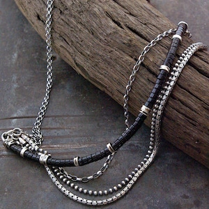 Black onyx heishi necklace in oxidized sterling silver – layered chains
