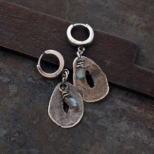 handmade raw silver earrings and labradorite • sterling silver jewelry • dangle drop earrings • hoops earrings • unique gift for her •