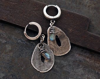 handmade raw silver earrings and labradorite • sterling silver jewelry • dangle drop earrings • hoops earrings • unique gift for her •