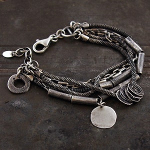 handmade sterling silver multi - strand bracelet • unique birthday gift • modern oxidized silver bracelet