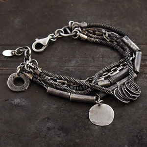 Oxidized Sterling Silver Multi-Chain Bracelet  Raw Silver & Gemstone Charm