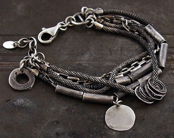 handmade sterling silver multi - strand bracelet • unique birthday gift • modern oxidized silver bracelet