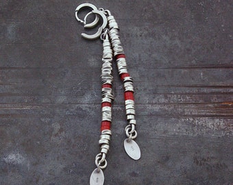 Long Coral earrings with oxidized sterling silver •  October birthstone