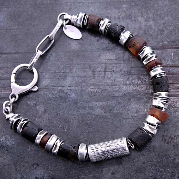 Men’s Baltic amber bracelet – oxidized sterling silver 8 mm