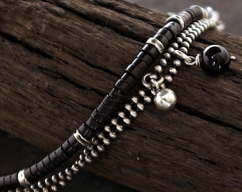 Handmade Black Onyx Bracelet Sterling Silver Heishi Beads, Ball Chain