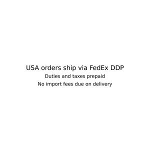 May include: White background with black text stating "USA orders ship via FedEx DDP. Duties and taxes prepaid. No import fees due on delivery."