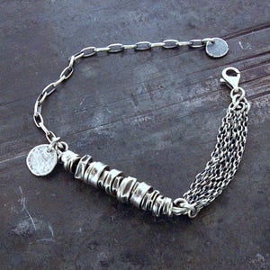 Oxidized sterling silver multi-chain bracelet with brushed silver beads
