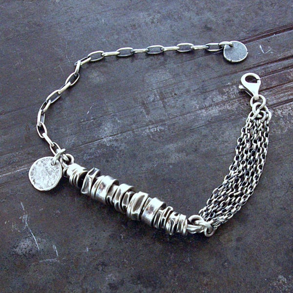 Oxidized sterling silver multi-chain bracelet with brushed silver beads