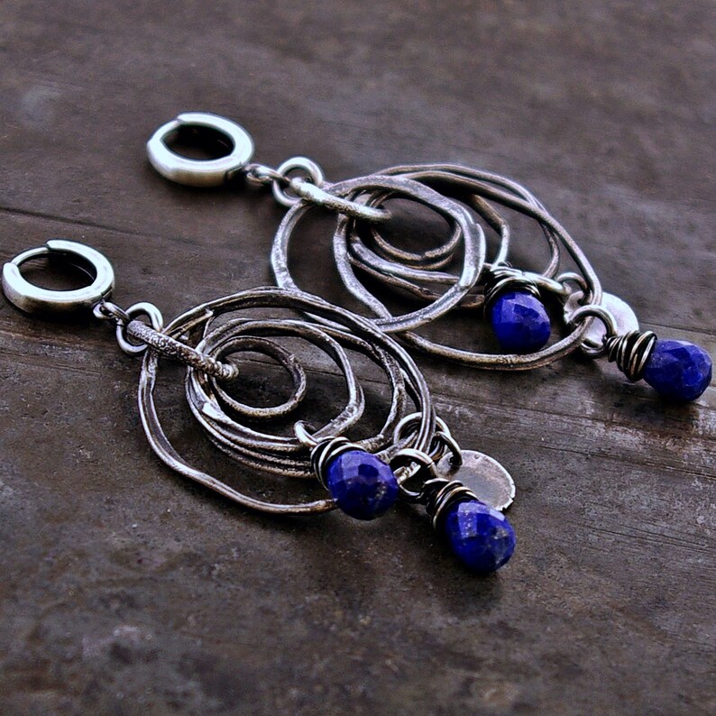 lapis lazuli earrings \u2022 sterling silver earrings \u2022 raw silver earrings \u2022 boho earrings \u2022 multi-circle earrings gift for women
