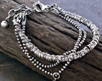 4 mm heishi bead bracelet in oxidized silver – double ball chain adjustable