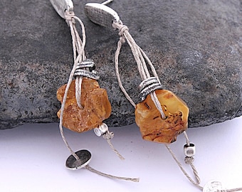 Honey Baltic amber oxidized silver stud earrings – linen cord drop